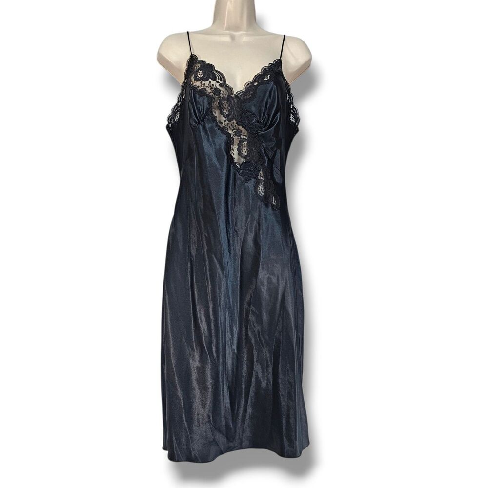 Victoria's Secret Vintage Gold Label Black Lace Trim Slip Dress Nightie Size M